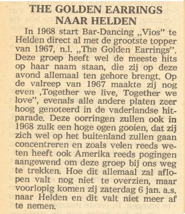 Newspaper article The Golden Earrings naar Helden January 06 1968 Beringe - Bar Dancing Vios